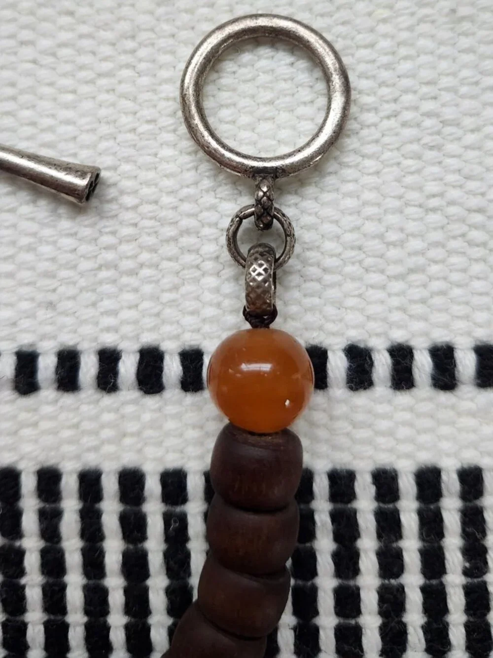 Lucky Brand Boho Beaded Necklace Wood & Stone Cross Pendant Signed